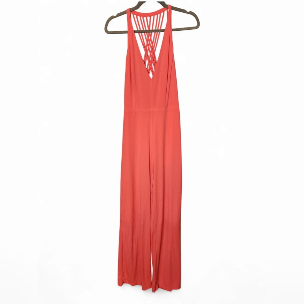 Elegant Coral Criss-Cross Wide Leg V-Neck Jumpsuit M